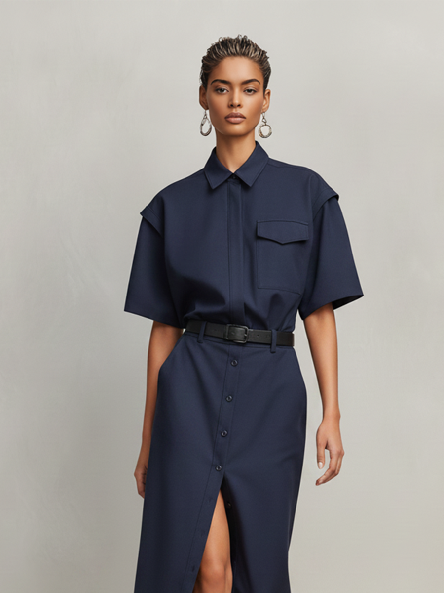 Women's Navy Blue Cotton-Blend Two-Piece Set  With Short Sleeves & Front Slit, Timeless Minimalist-Chic Workwear Dress (without Belt)