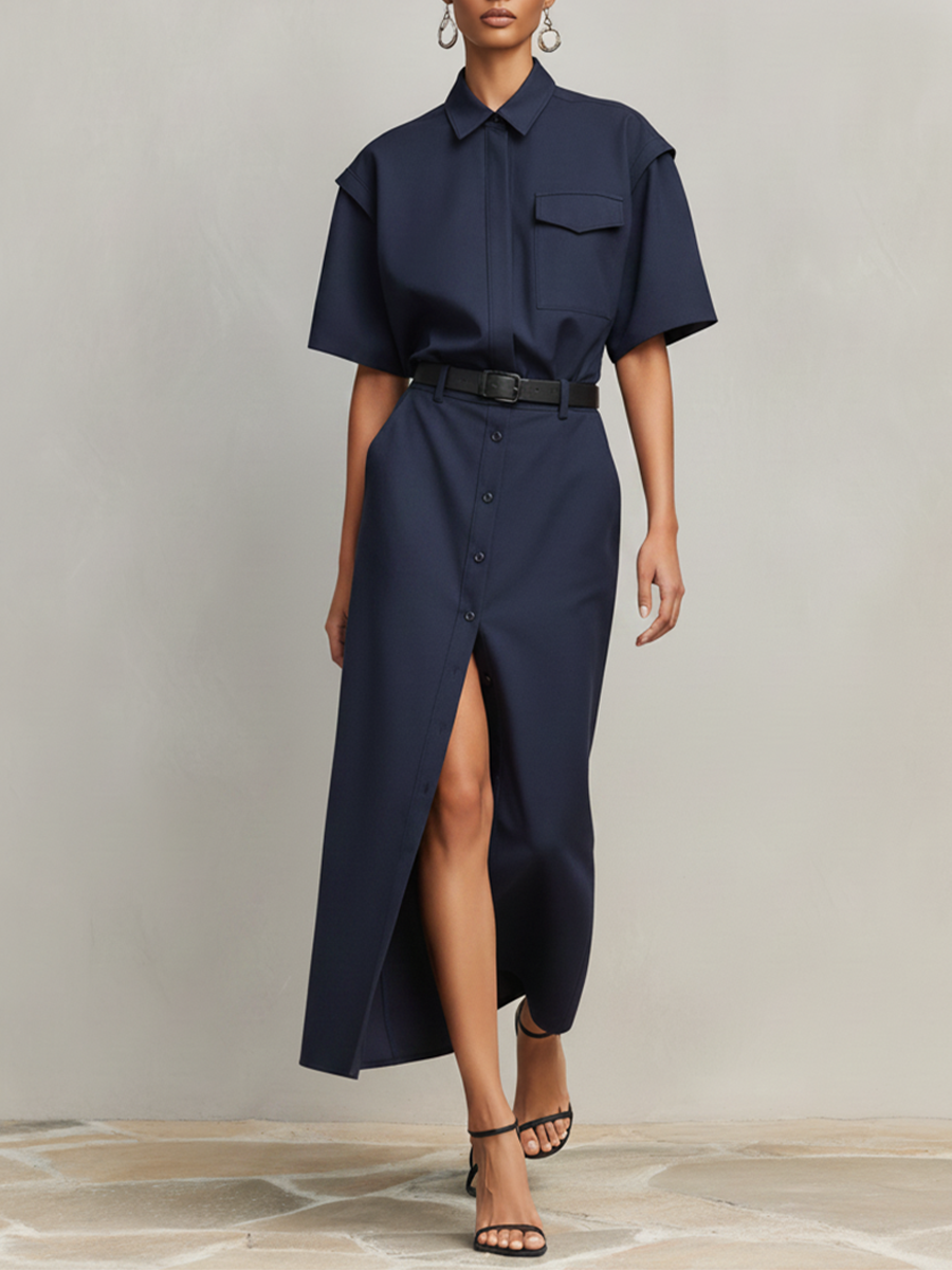 Women's Navy Blue Cotton-Blend Two-Piece Set  With Short Sleeves & Front Slit, Timeless Minimalist-Chic Workwear Dress (without Belt)