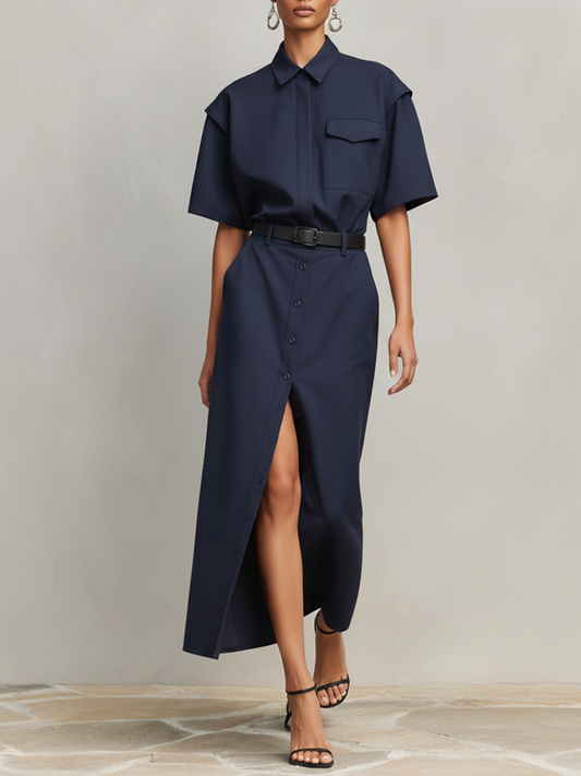 Women's Navy Blue Cotton-Blend Two-Piece Set  With Short Sleeves & Front Slit, Timeless Minimalist-Chic Workwear Dress (without Belt)