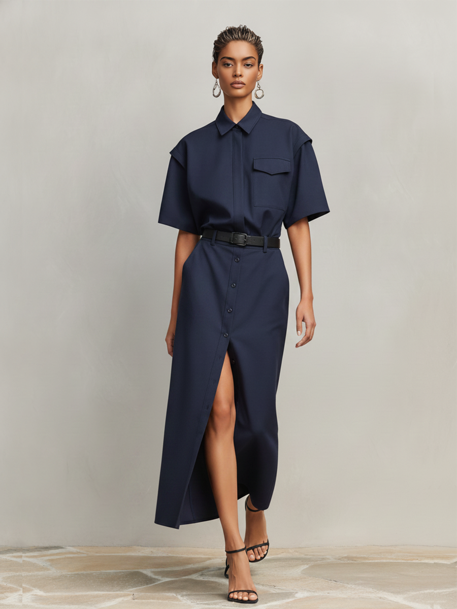 Women's Navy Blue Cotton-Blend Two-Piece Set  With Short Sleeves & Front Slit, Timeless Minimalist-Chic Workwear Dress (without Belt)