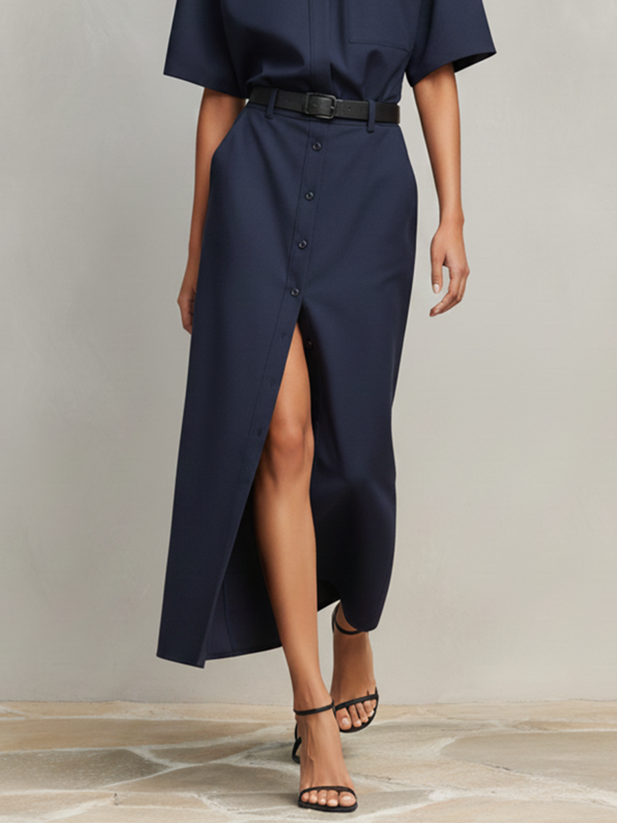Women's Navy Blue Cotton-Blend Two-Piece Set  With Short Sleeves & Front Slit, Timeless Minimalist-Chic Workwear Dress (without Belt)