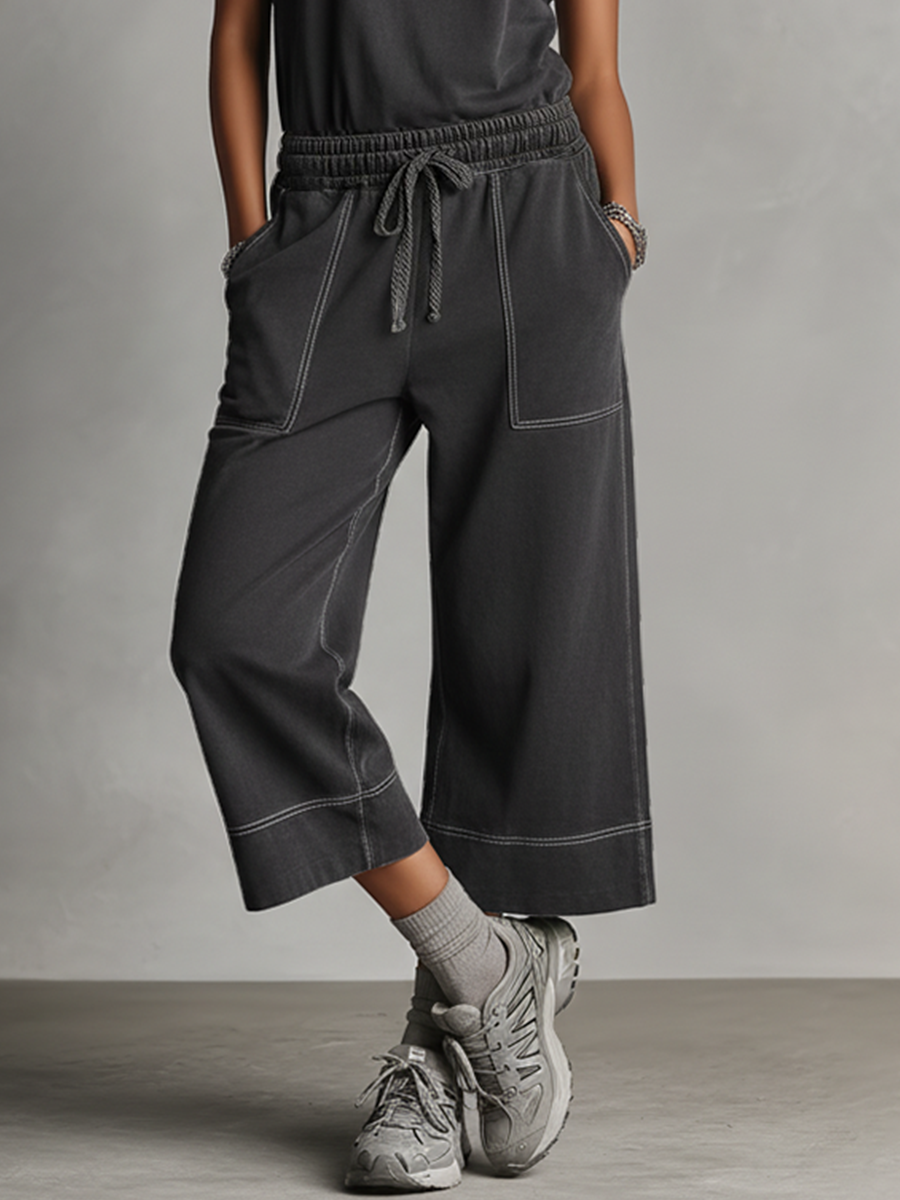 Women's Charcoal Gray Co-Ord Set With Contrast Stitching & Elastic Waist, Modern Effortless Streetwear Outfit