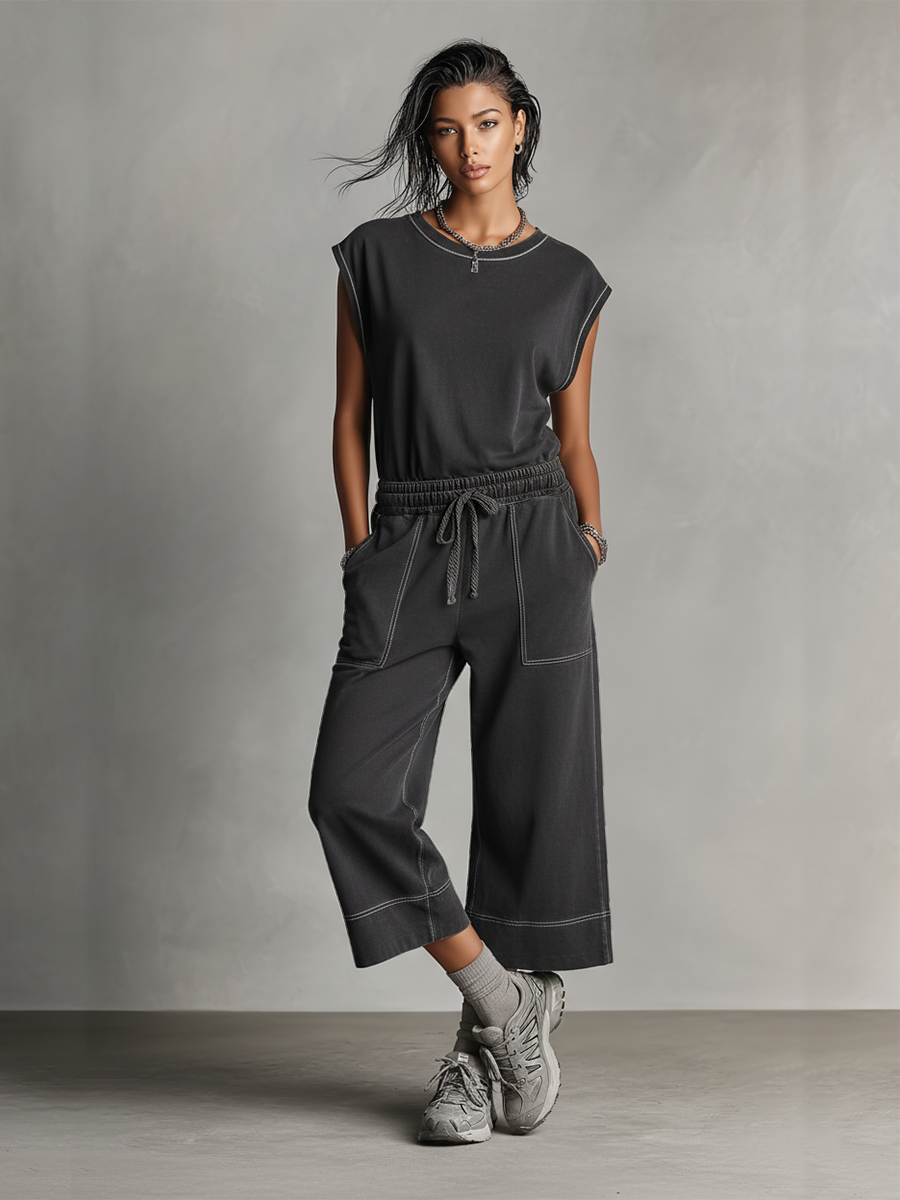 Women's Charcoal Gray Co-Ord Set With Contrast Stitching & Elastic Waist, Modern Effortless Streetwear Outfit