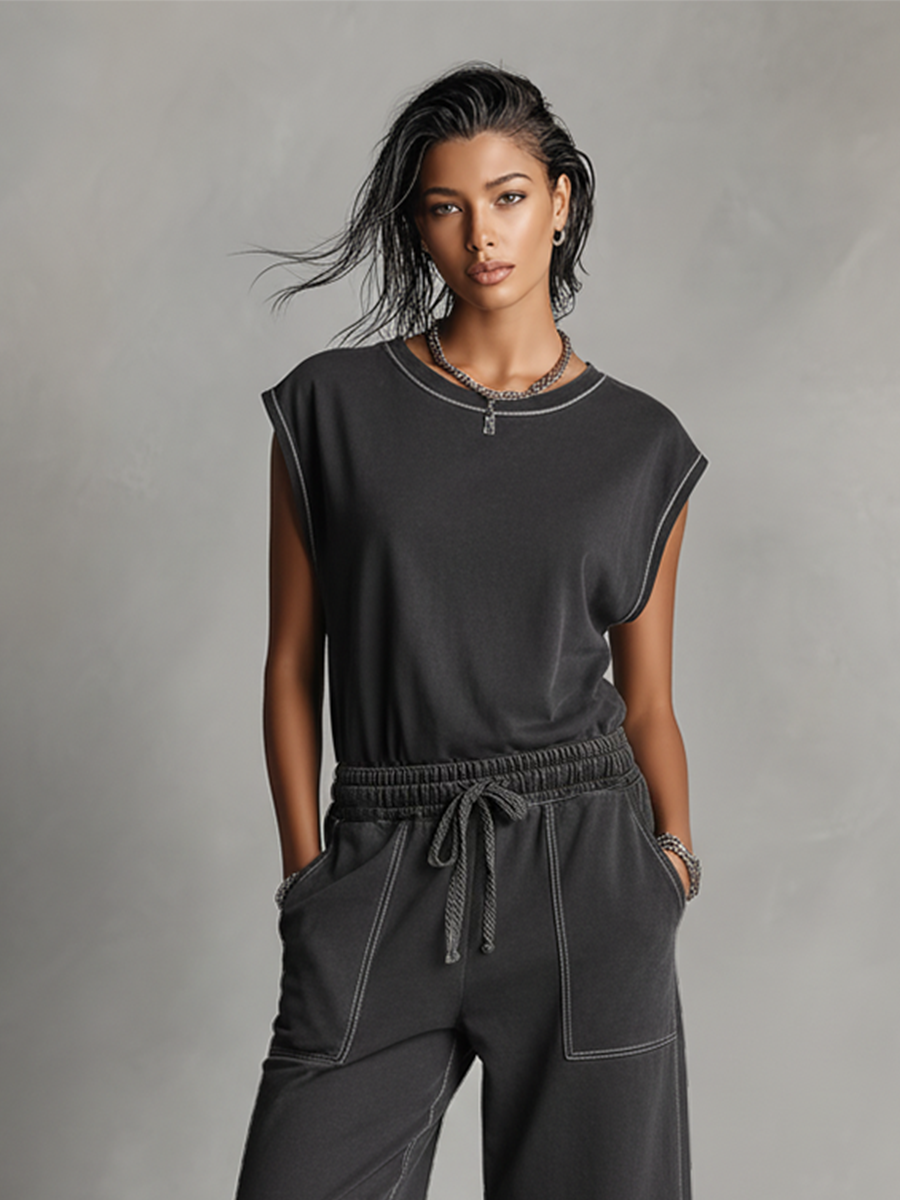 Women's Charcoal Gray Co-Ord Set With Contrast Stitching & Elastic Waist, Modern Effortless Streetwear Outfit