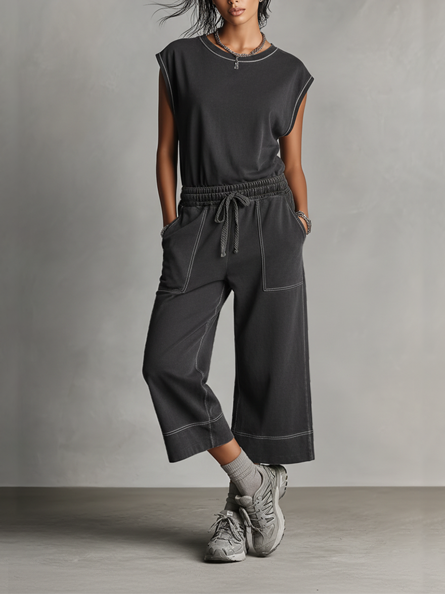 Women's Charcoal Gray Co-Ord Set With Contrast Stitching & Elastic Waist, Modern Effortless Streetwear Outfit