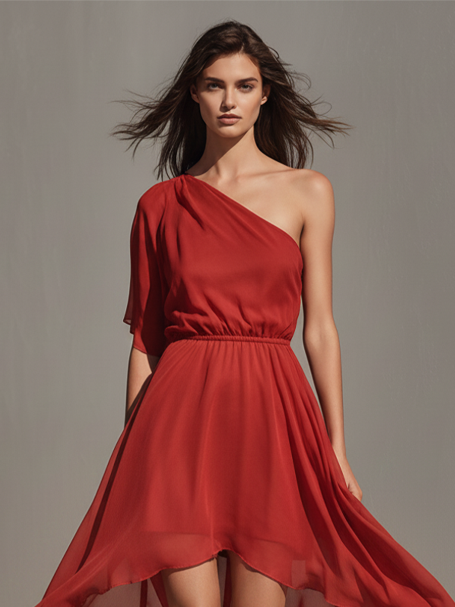Women's Red Chiffon One-Shoulder Dress With Elastic Waist & High-Low Hem, Timeless Romantic-Chic Party Dress
