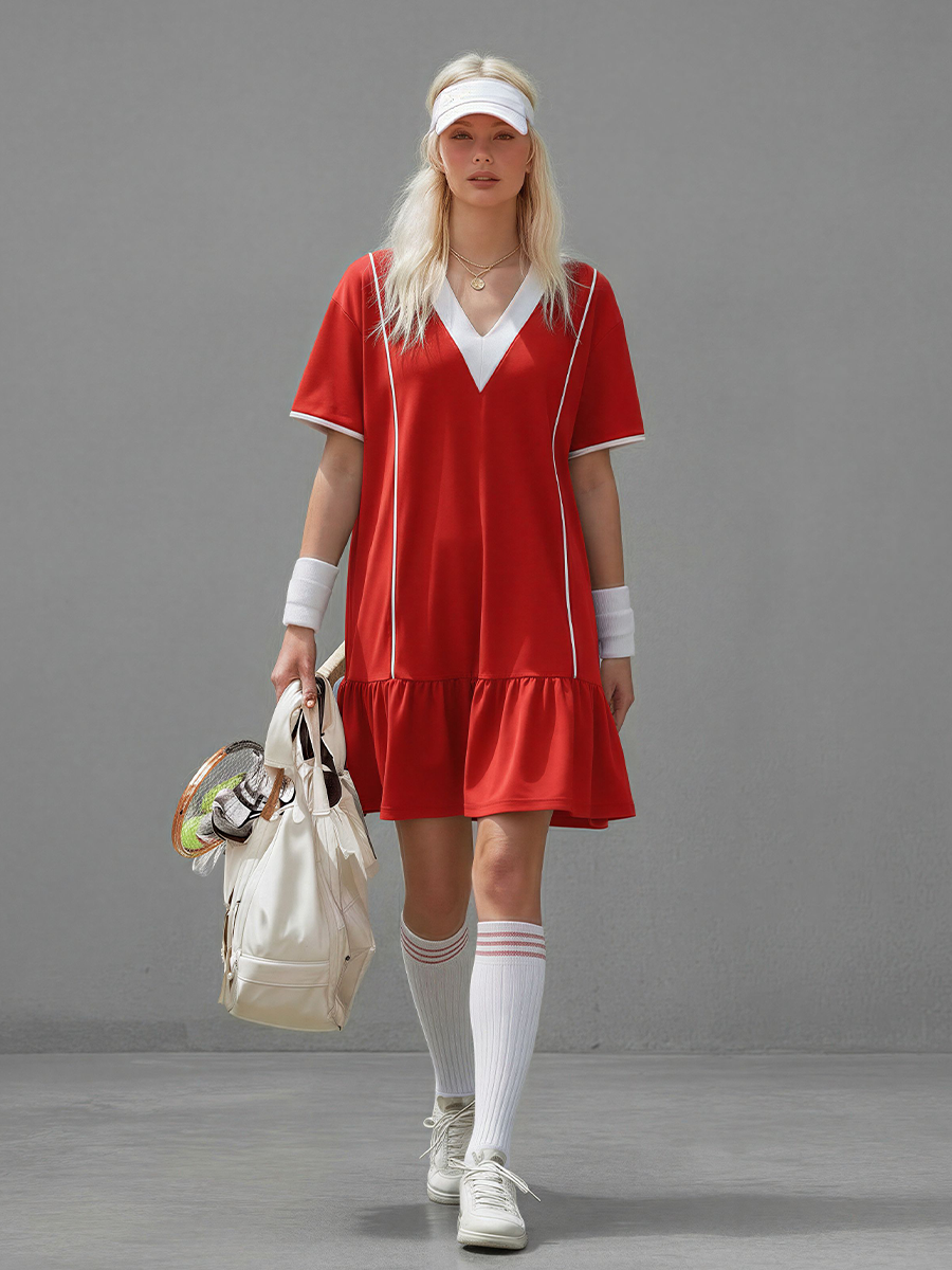 Women's Red & White Knit Tennis Dress With V-Neck & Ruffle Hem, Contemporary Sporty-Chic Tennis Dress