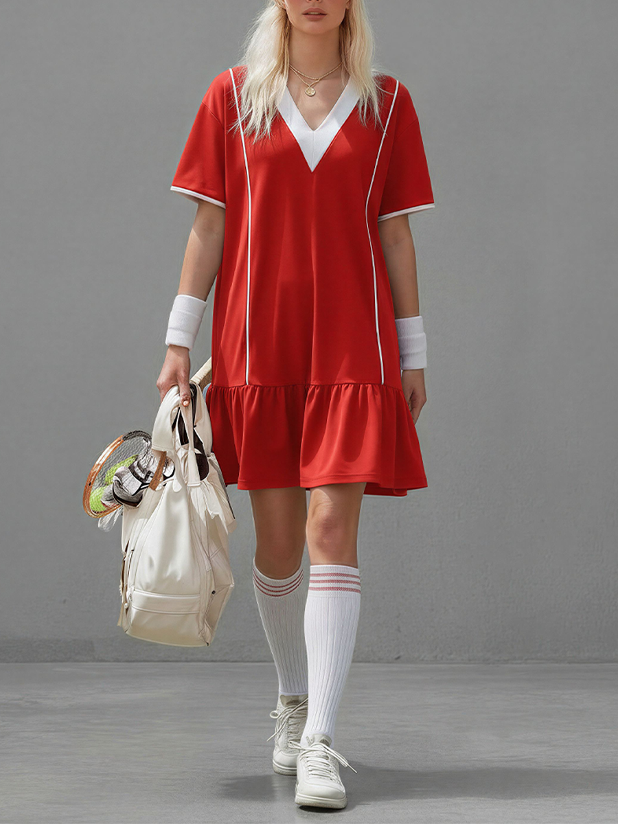 Women's Red & White Knit Tennis Dress With V-Neck & Ruffle Hem, Contemporary Sporty-Chic Tennis Dress