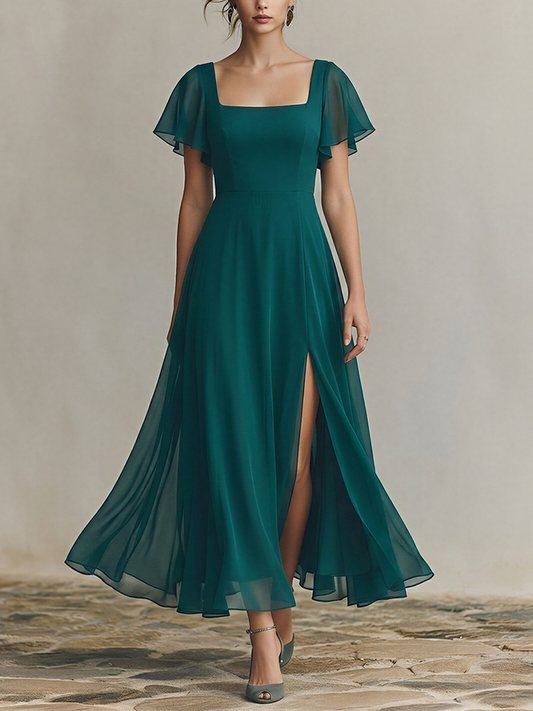 Women's Emerald Green Chiffon Maxi Dress With Square Neck & Flutter Sleeves, Timeless Formal Bridesmaid Gown