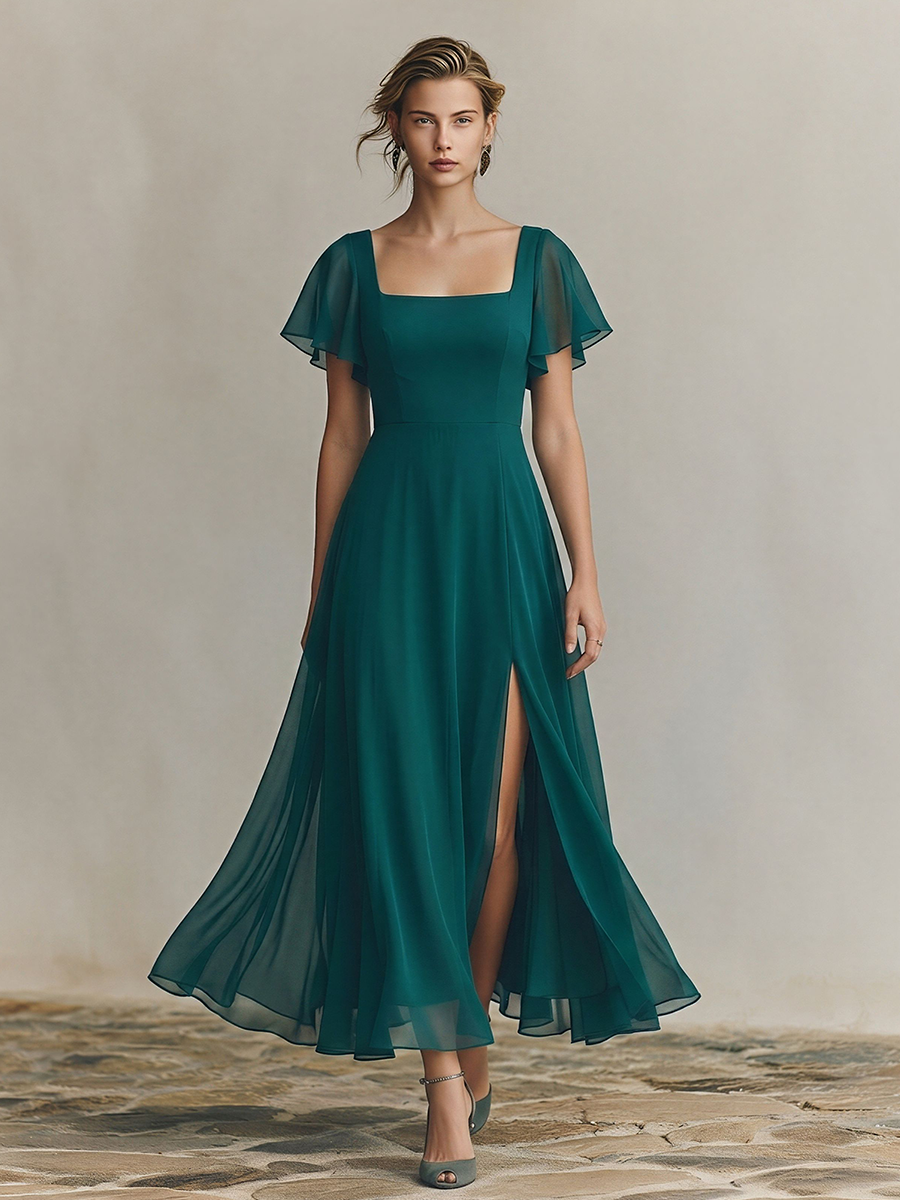 Women's Emerald Green Chiffon Maxi Dress With Square Neck & Flutter Sleeves, Timeless Formal Bridesmaid Gown