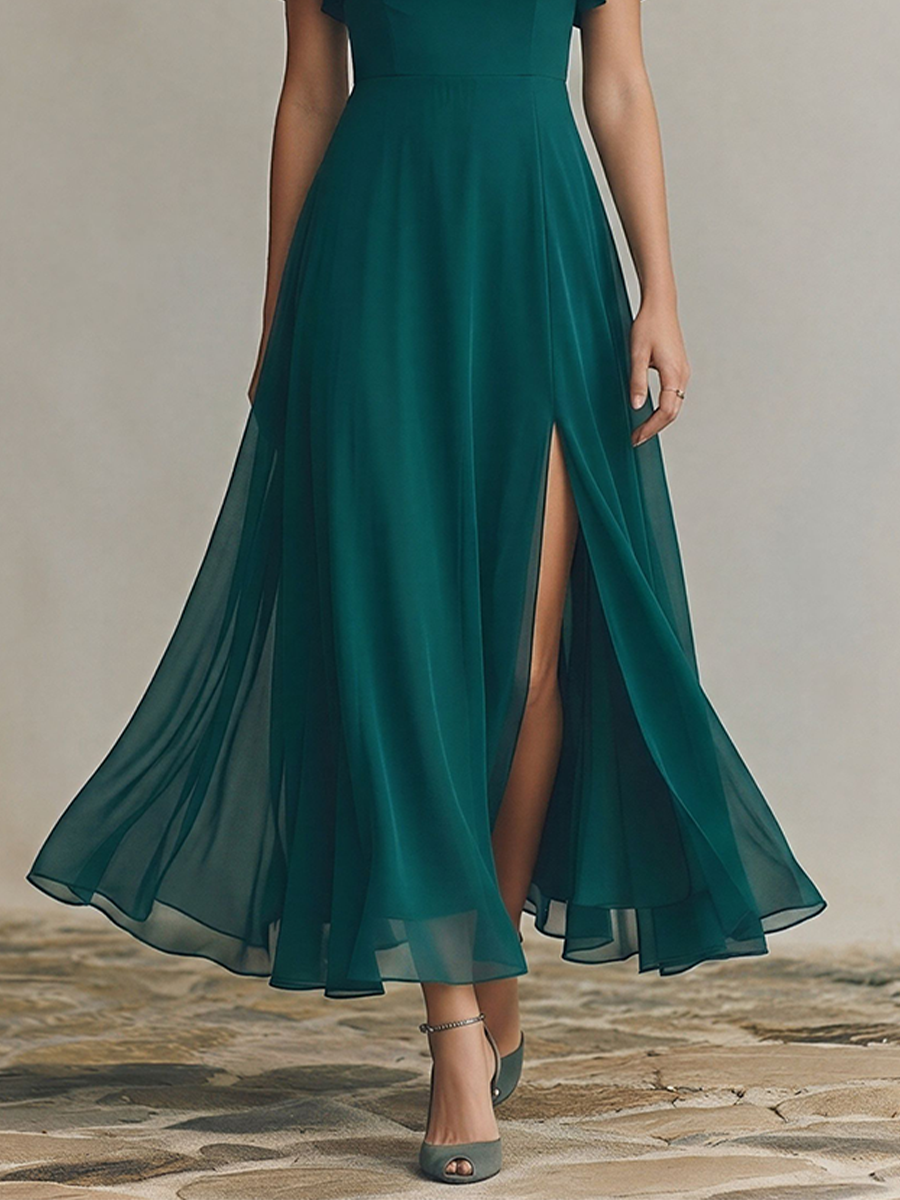 Women's Emerald Green Chiffon Maxi Dress With Square Neck & Flutter Sleeves, Timeless Formal Bridesmaid Gown