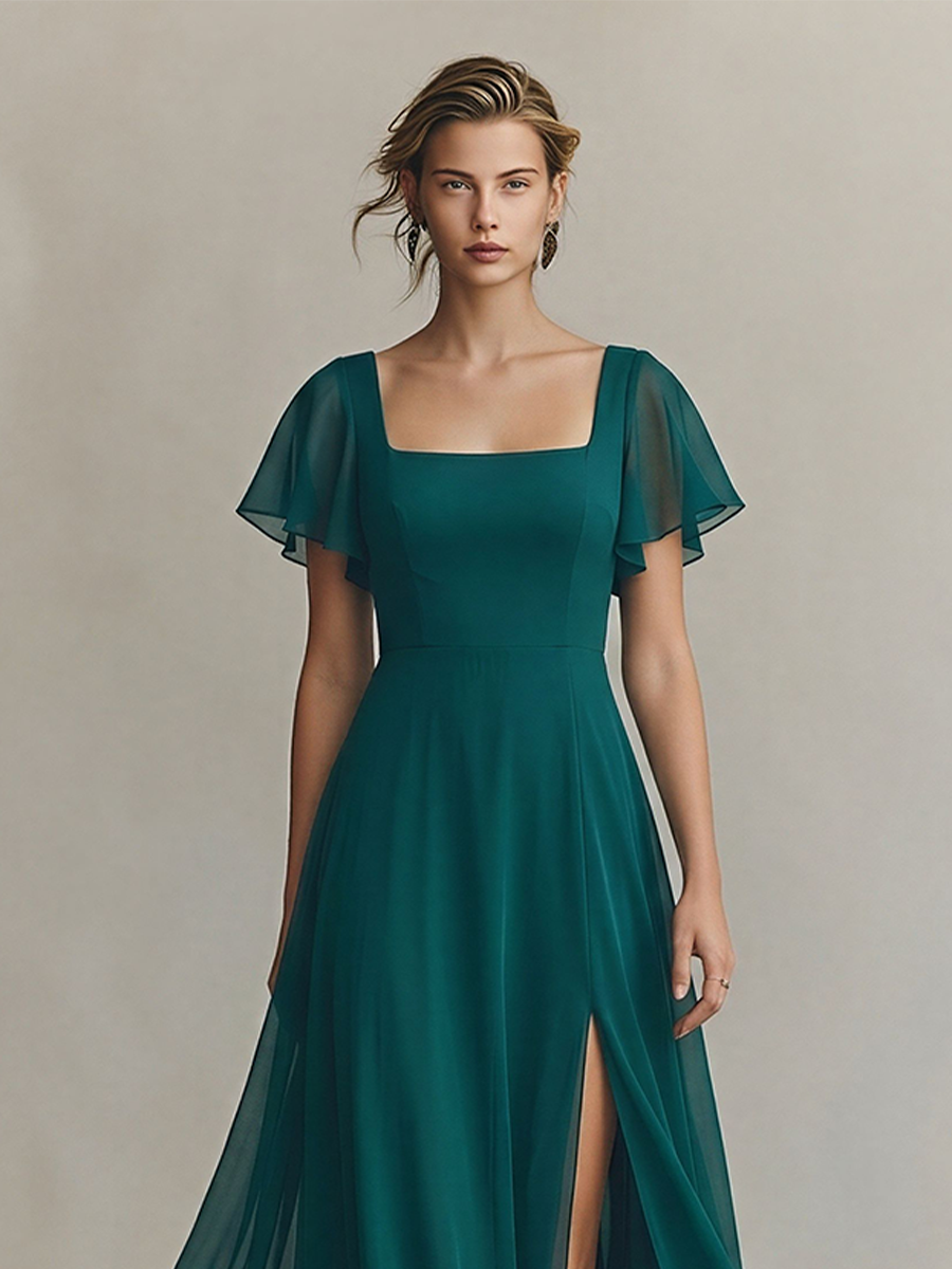 Women's Emerald Green Chiffon Maxi Dress With Square Neck & Flutter Sleeves, Timeless Formal Bridesmaid Gown