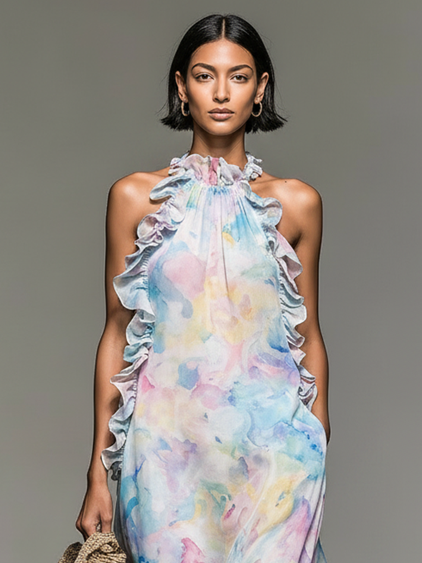 Women's Minimalist Sleeveless Ruffled Ombré Watercolor Print Chiffon Maxi Dress