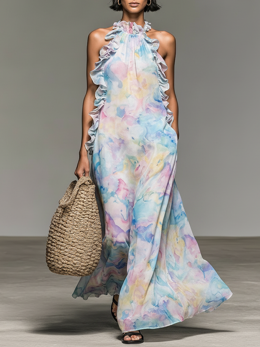 Women's Minimalist Sleeveless Ruffled Ombré Watercolor Print Chiffon Maxi Dress