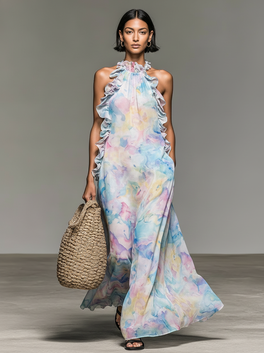 Women's Minimalist Sleeveless Ruffled Ombré Watercolor Print Chiffon Maxi Dress