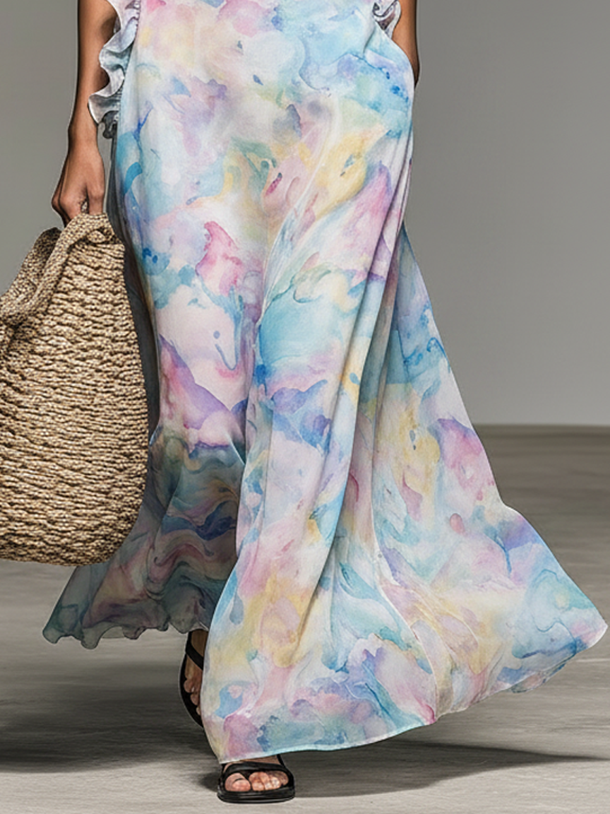 Women's Minimalist Sleeveless Ruffled Ombré Watercolor Print Chiffon Maxi Dress