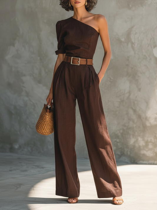 Women's Minimalist Linen-Blend Asymmetrical Off-Shoulder Short-Sleeve Wide-Leg Jumpsuit (Belt Not