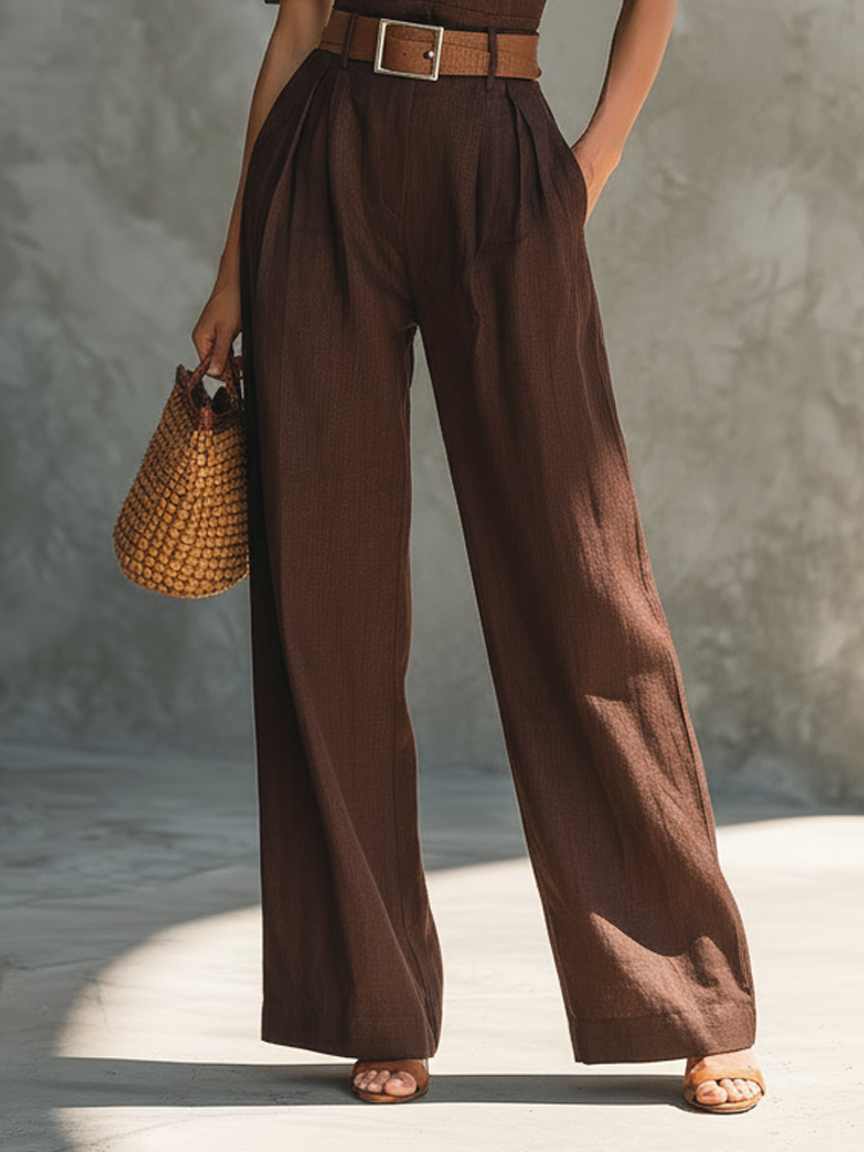 Women's Minimalist Linen-Blend Asymmetrical Off-Shoulder Short-Sleeve Wide-Leg Jumpsuit (Belt Not