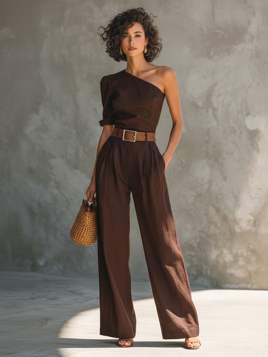 Women's Minimalist Linen-Blend Asymmetrical Off-Shoulder Short-Sleeve Wide-Leg Jumpsuit (Belt Not