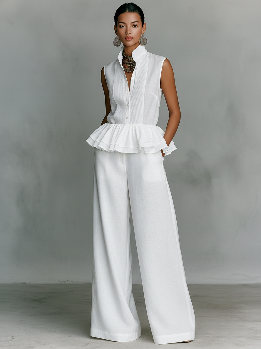 Women's Minimalist Linen-Blend Set: Stand-Collar, Sleeveless, Single-Breasted Shirt With Ruffled Hem & Wide-Leg Pants
