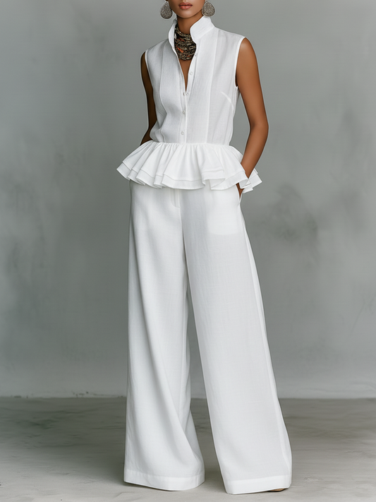 Women's Minimalist Linen-Blend Set: Stand-Collar, Sleeveless, Single-Breasted Shirt With Ruffled Hem & Wide-Leg Pants