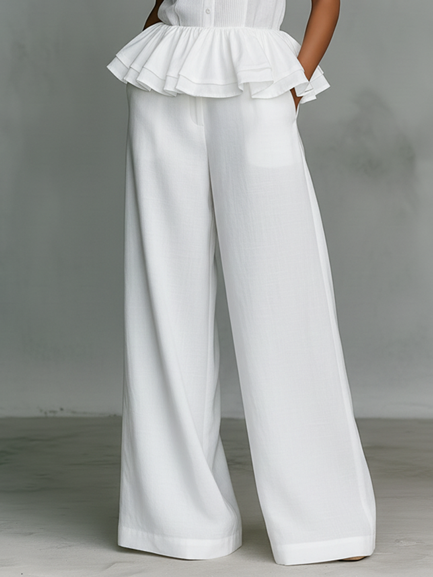Women's Minimalist Linen-Blend Set: Stand-Collar, Sleeveless, Single-Breasted Shirt With Ruffled Hem & Wide-Leg Pants