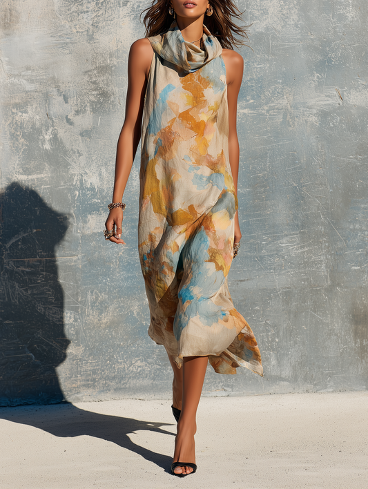 Women's Elegant Sleeveless Straight-Cut Midi Dress With Cowl Neck And Watercolor Ombré Print