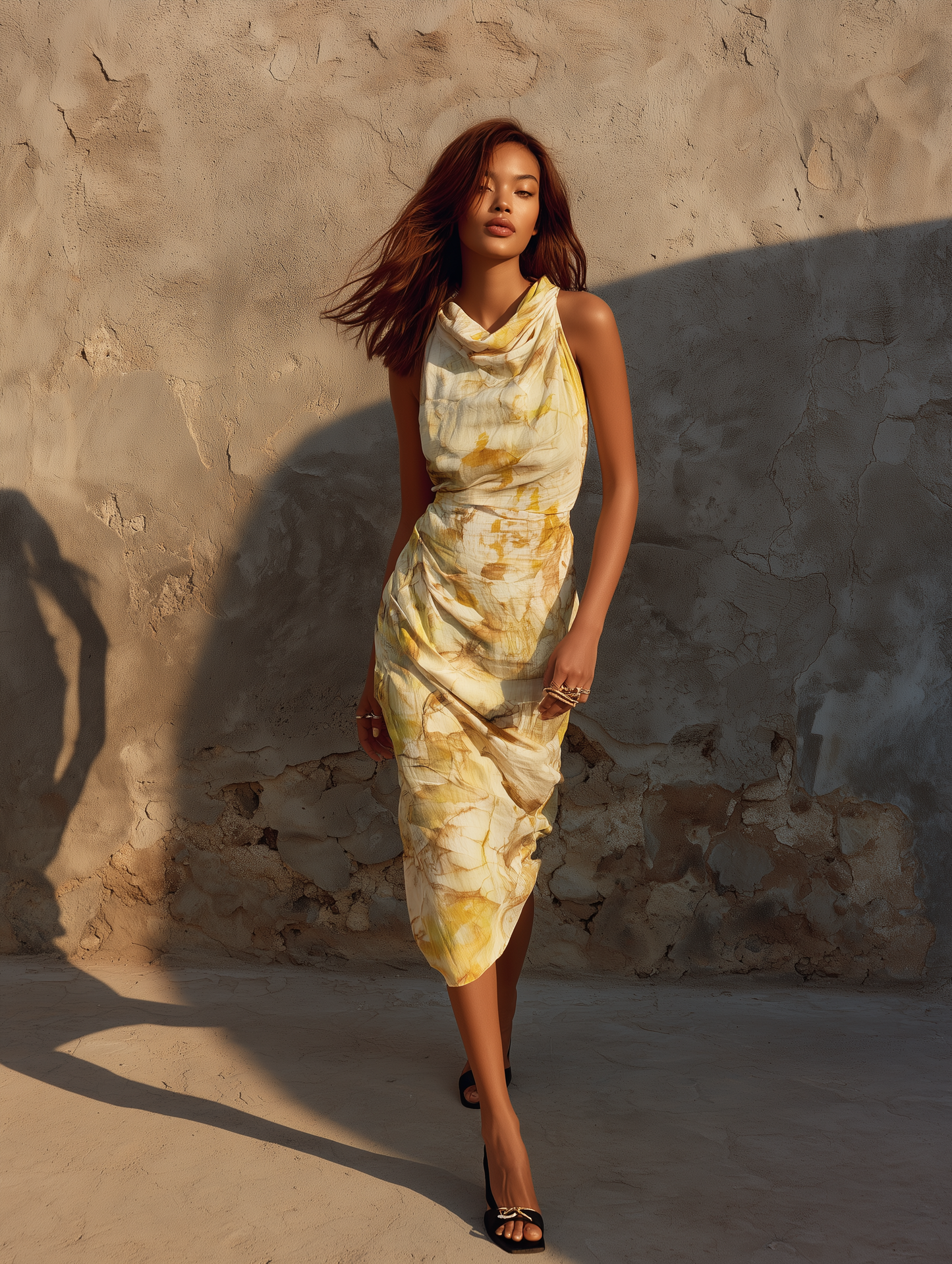 Women's Minimalist Ombré Print Cowl Neck Sleeveless Midi Dress