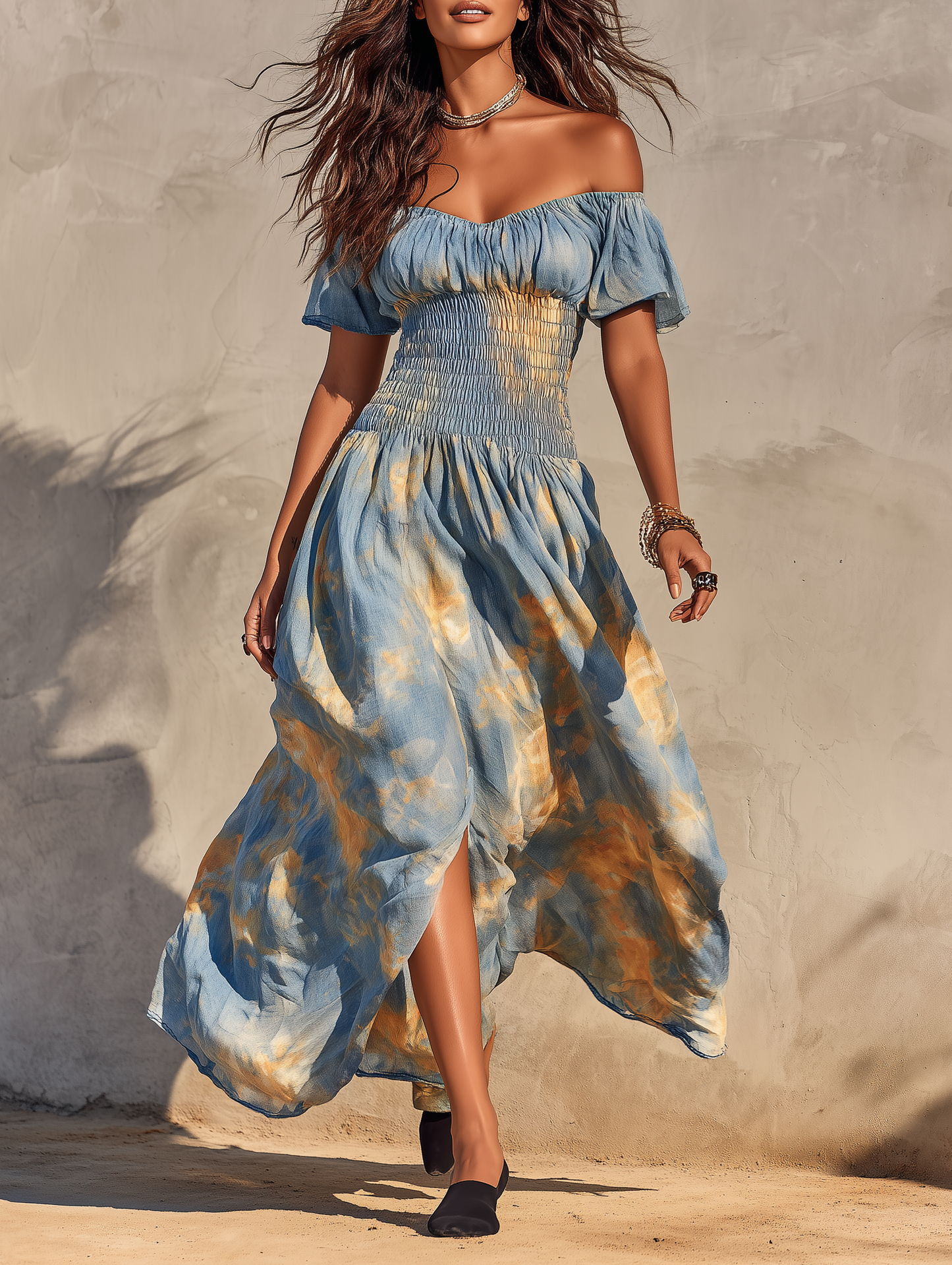 Women's Vacation Off-Shoulder Short-Sleeve Maxi Dress With Watercolor Ombré Print