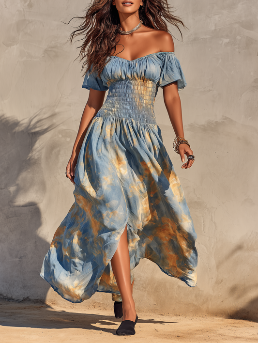 Women's Vacation Off-Shoulder Short-Sleeve Maxi Dress With Watercolor Ombré Print