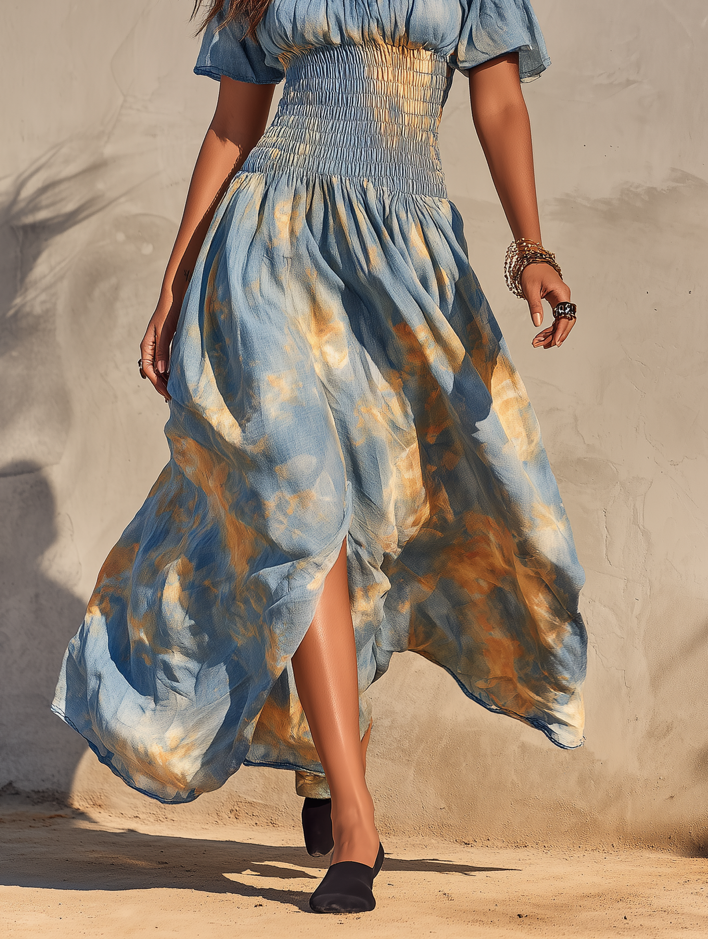Women's Vacation Off-Shoulder Short-Sleeve Maxi Dress With Watercolor Ombré Print