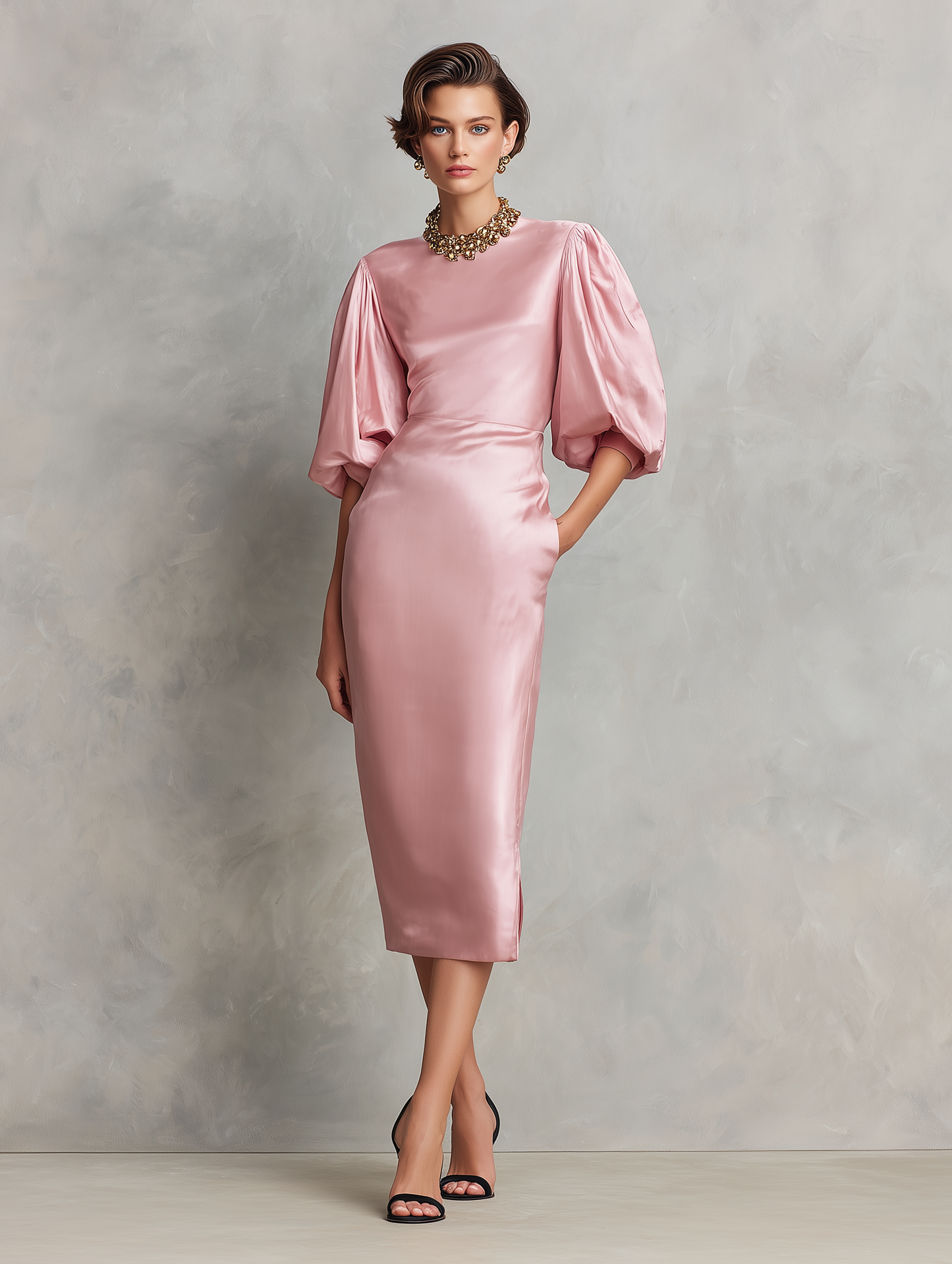 Women's Minimalist Faux-Acetate Midi Dress — Round Neck, Short Lantern Sleeves