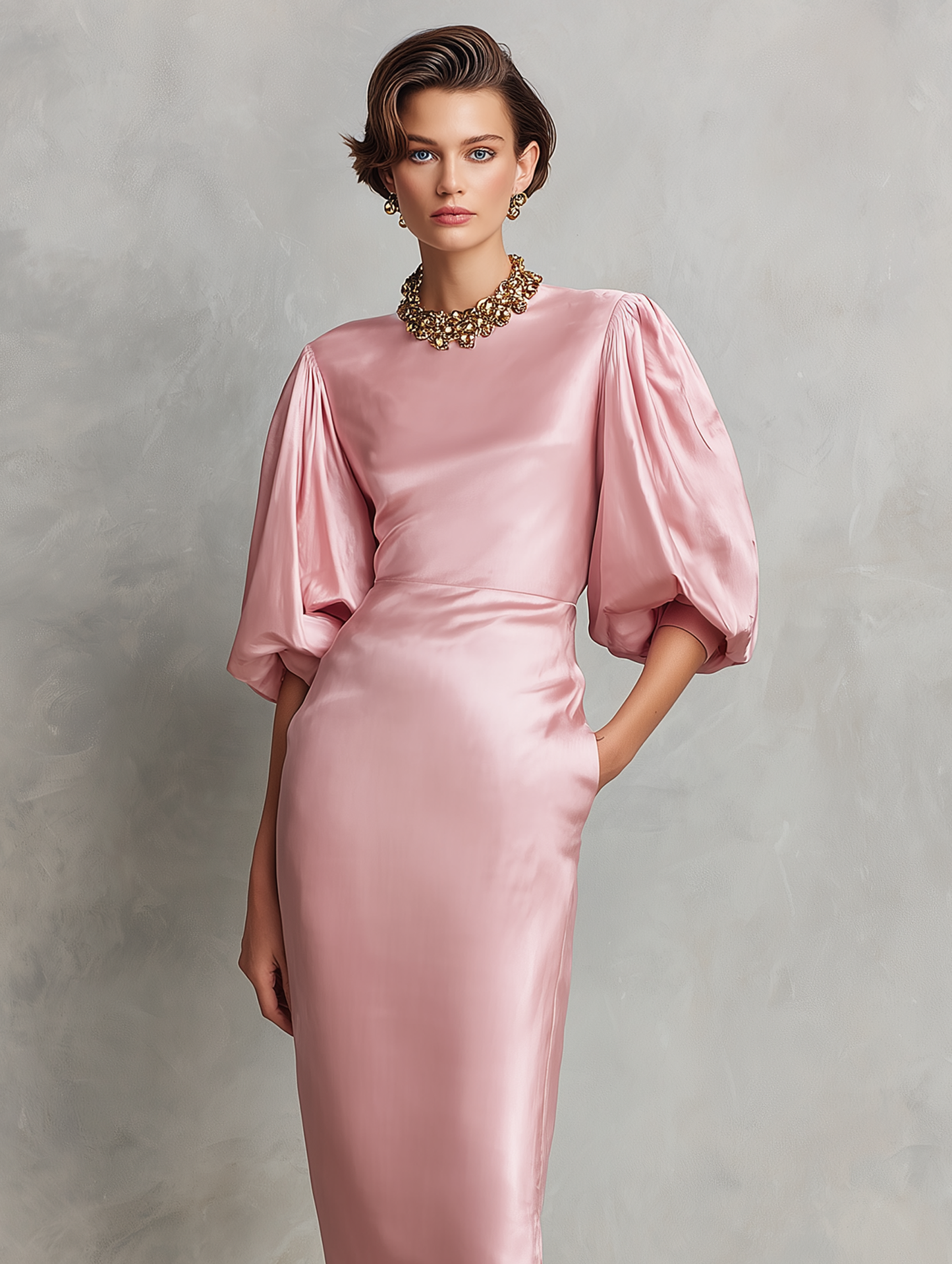 Women's Minimalist Faux-Acetate Midi Dress — Round Neck, Short Lantern Sleeves