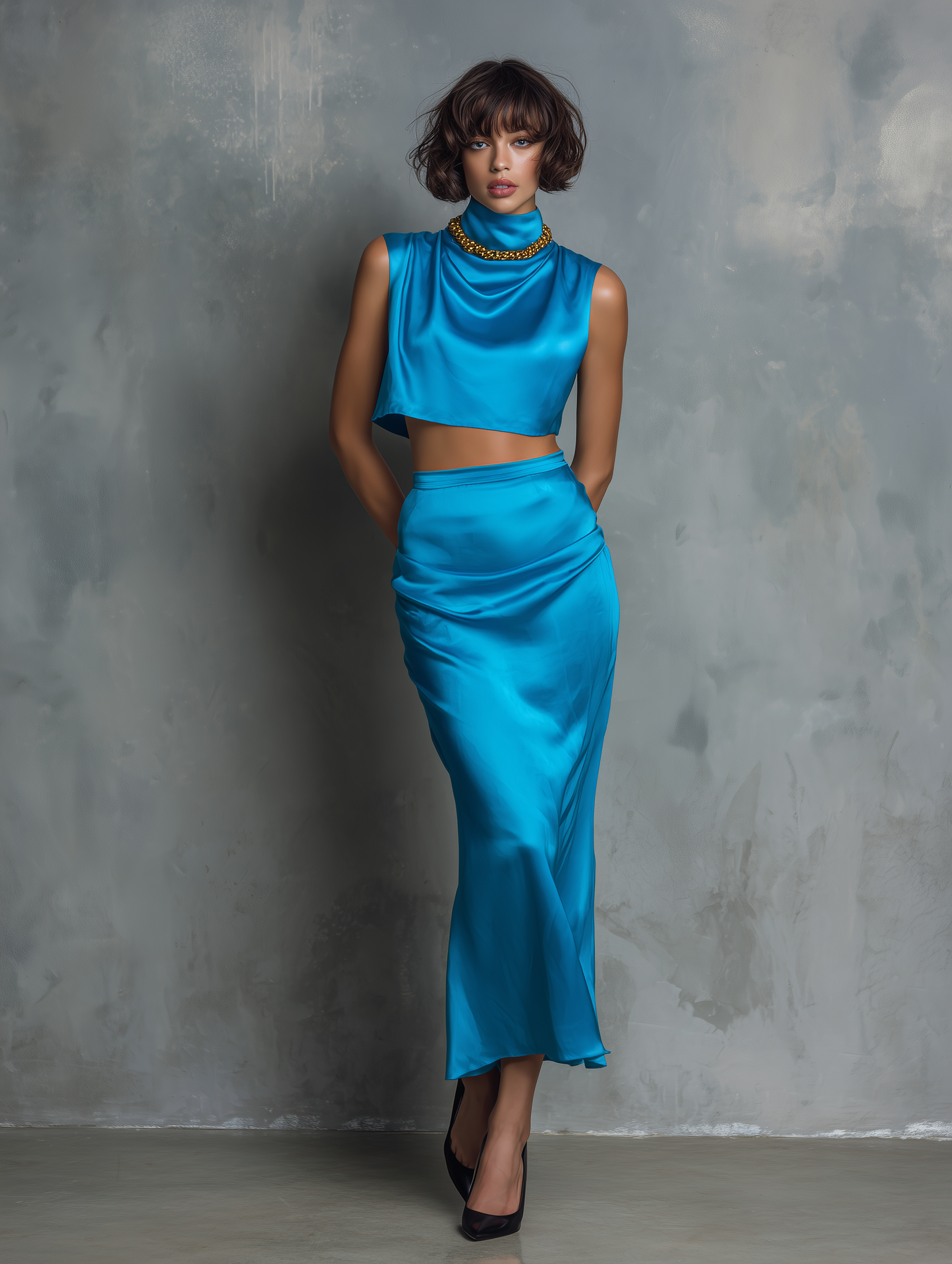 Women's Minimalist Satin Sleeveless Blouse & Straight Skirt Set