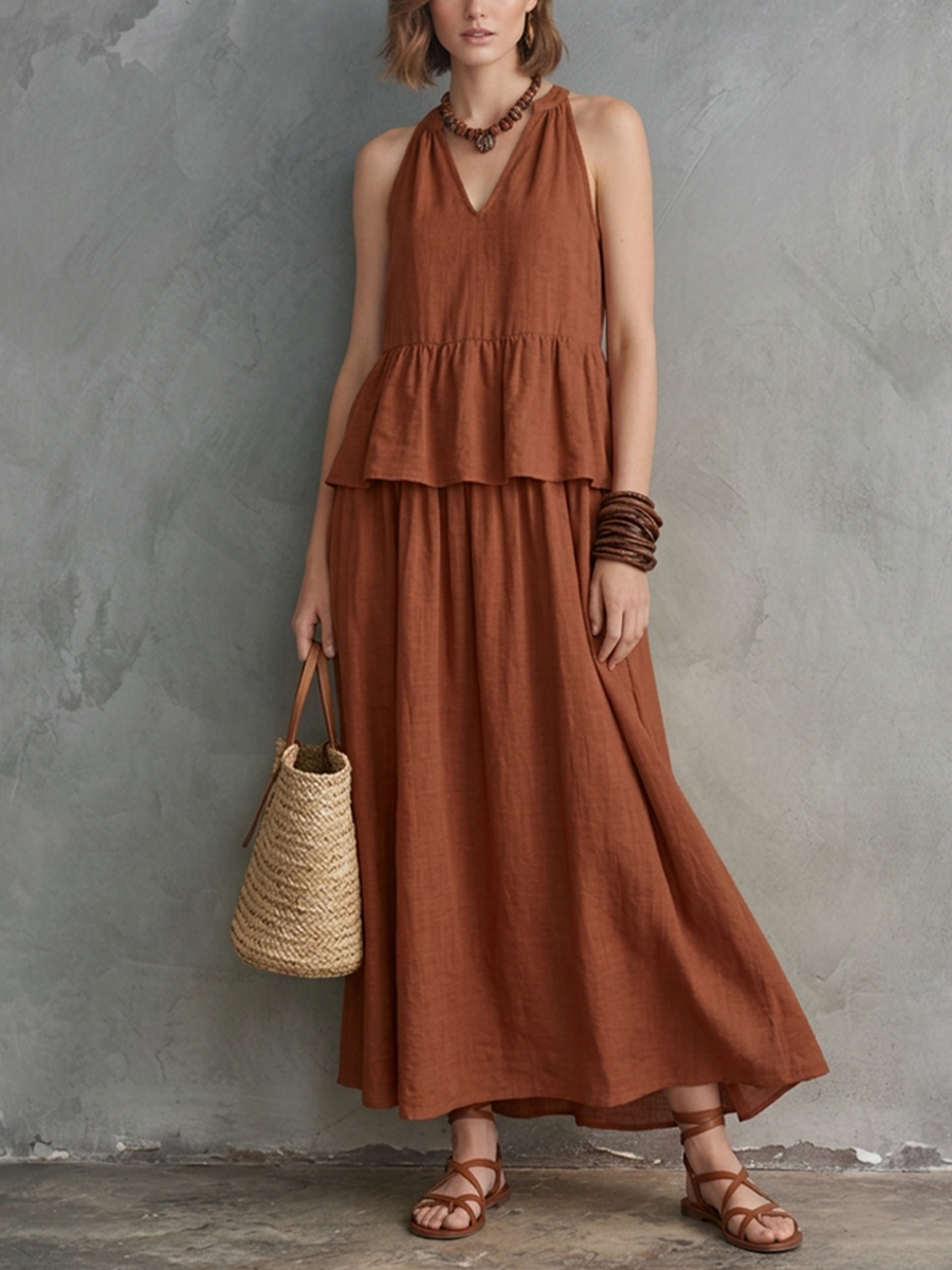 Women's Vacation Caramel Linen-Cotton Halter V-Neck Tiered Maxi Dress