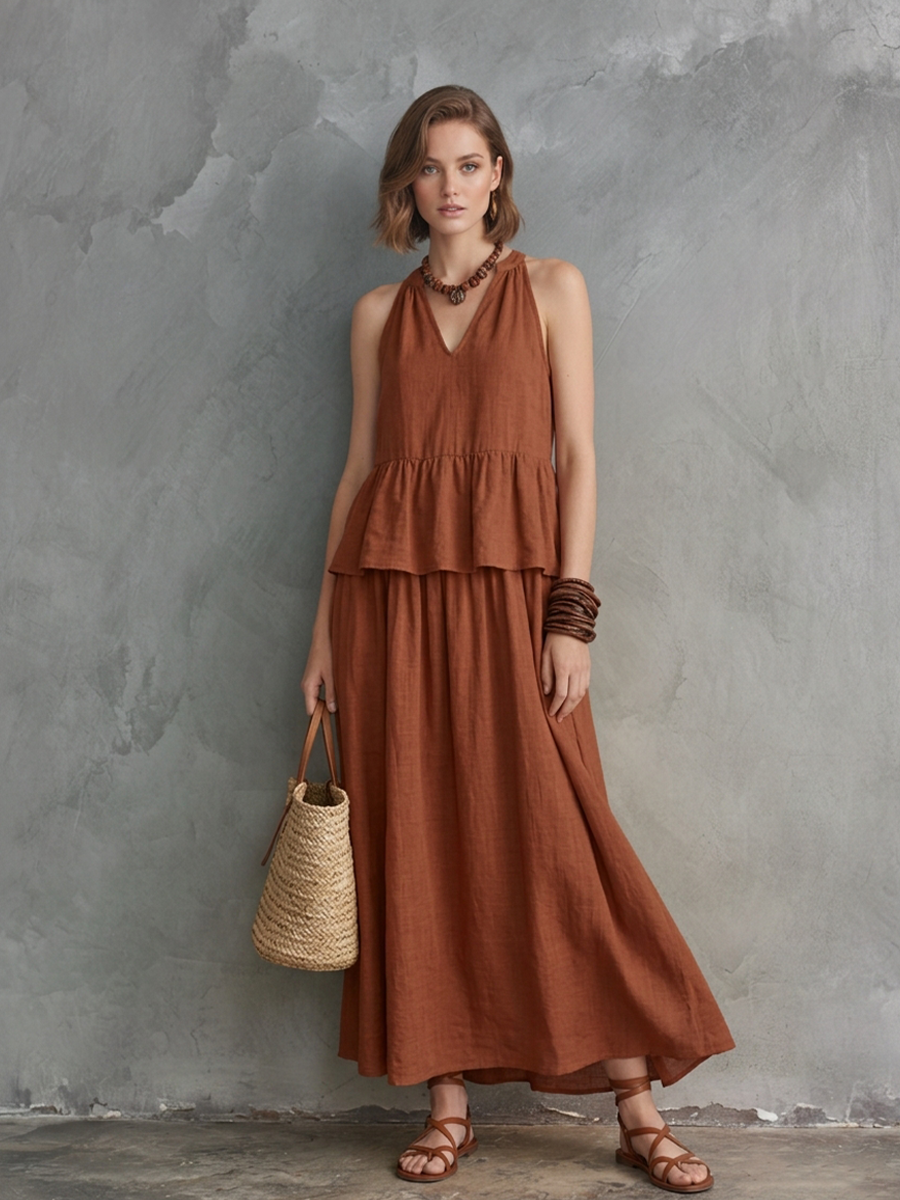 Women's Vacation Caramel Linen-Cotton Halter V-Neck Tiered Maxi Dress