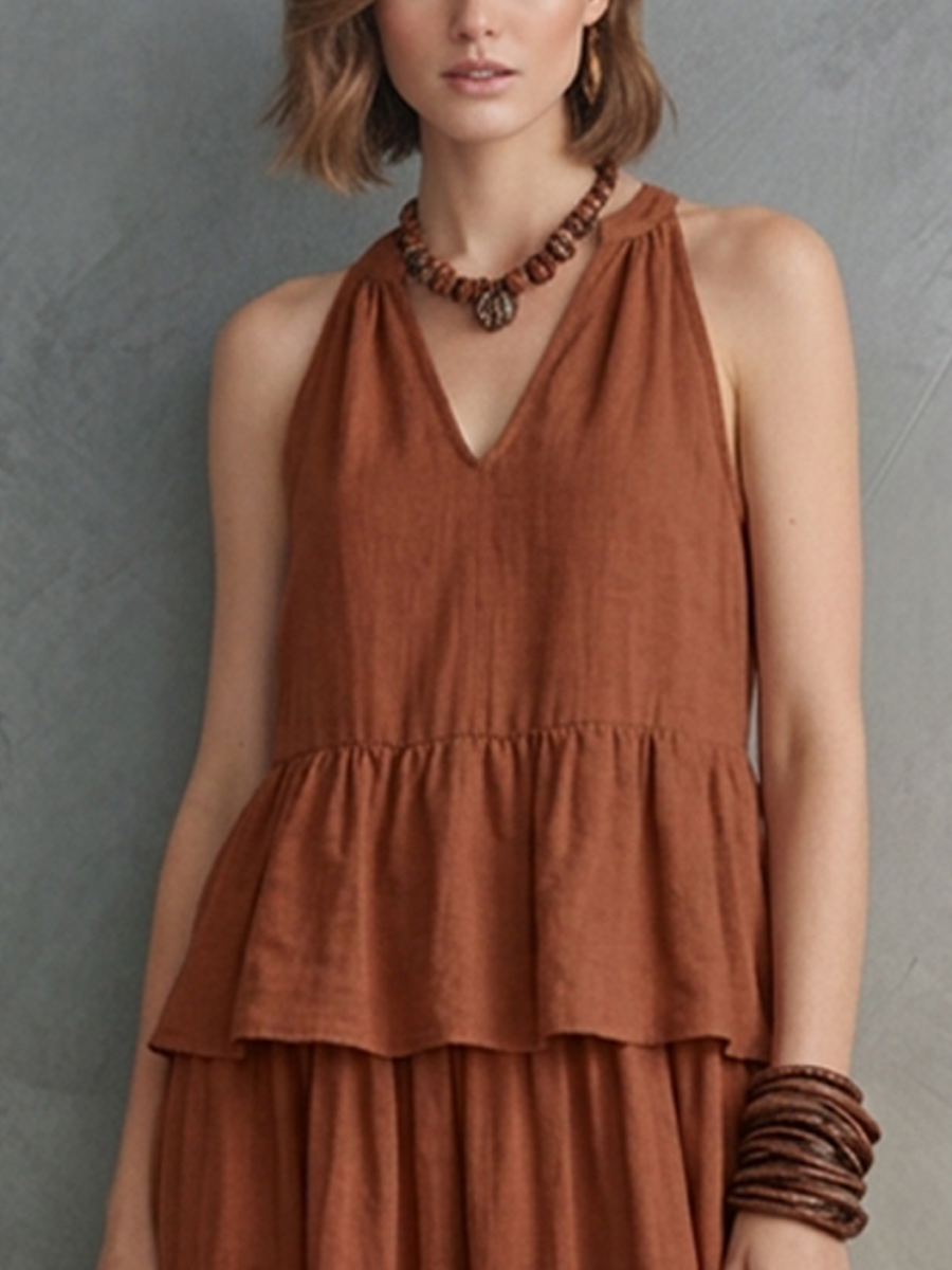 Women's Vacation Caramel Linen-Cotton Halter V-Neck Tiered Maxi Dress