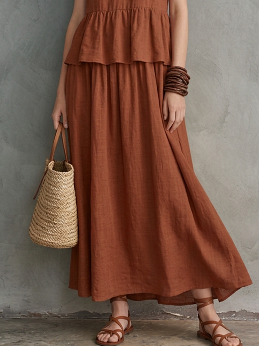 Women's Vacation Caramel Linen-Cotton Halter V-Neck Tiered Maxi Dress