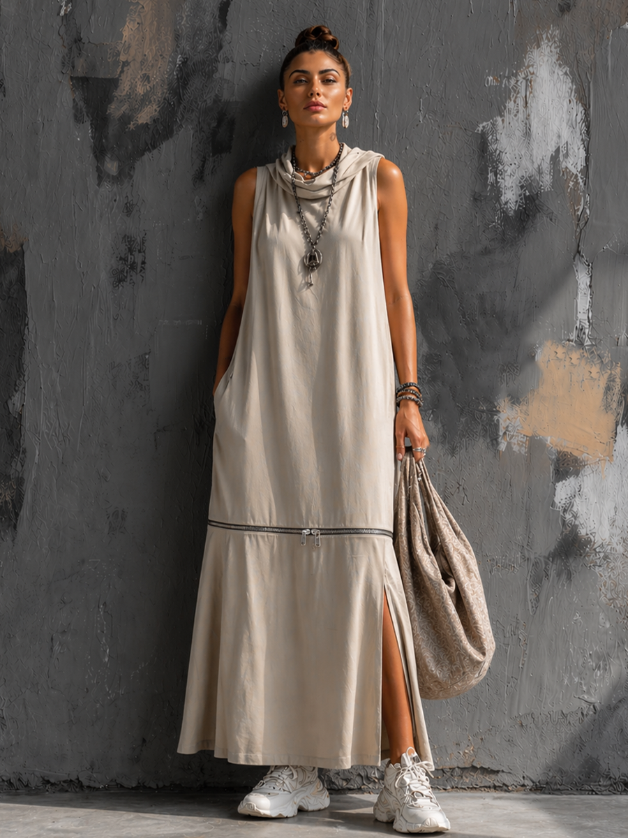 Women's Casual Light Beige Cotton Blend Sleeveless Long Dress With Detachable Zipper