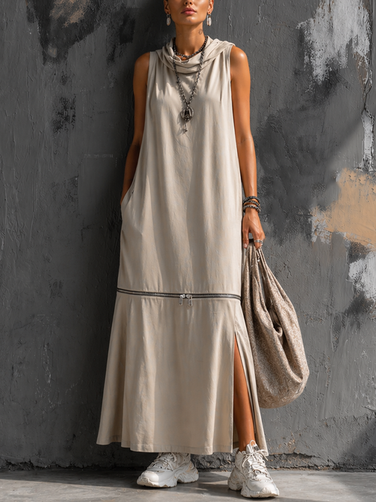 Women's Casual Light Beige Cotton Blend Sleeveless Long Dress With Detachable Zipper