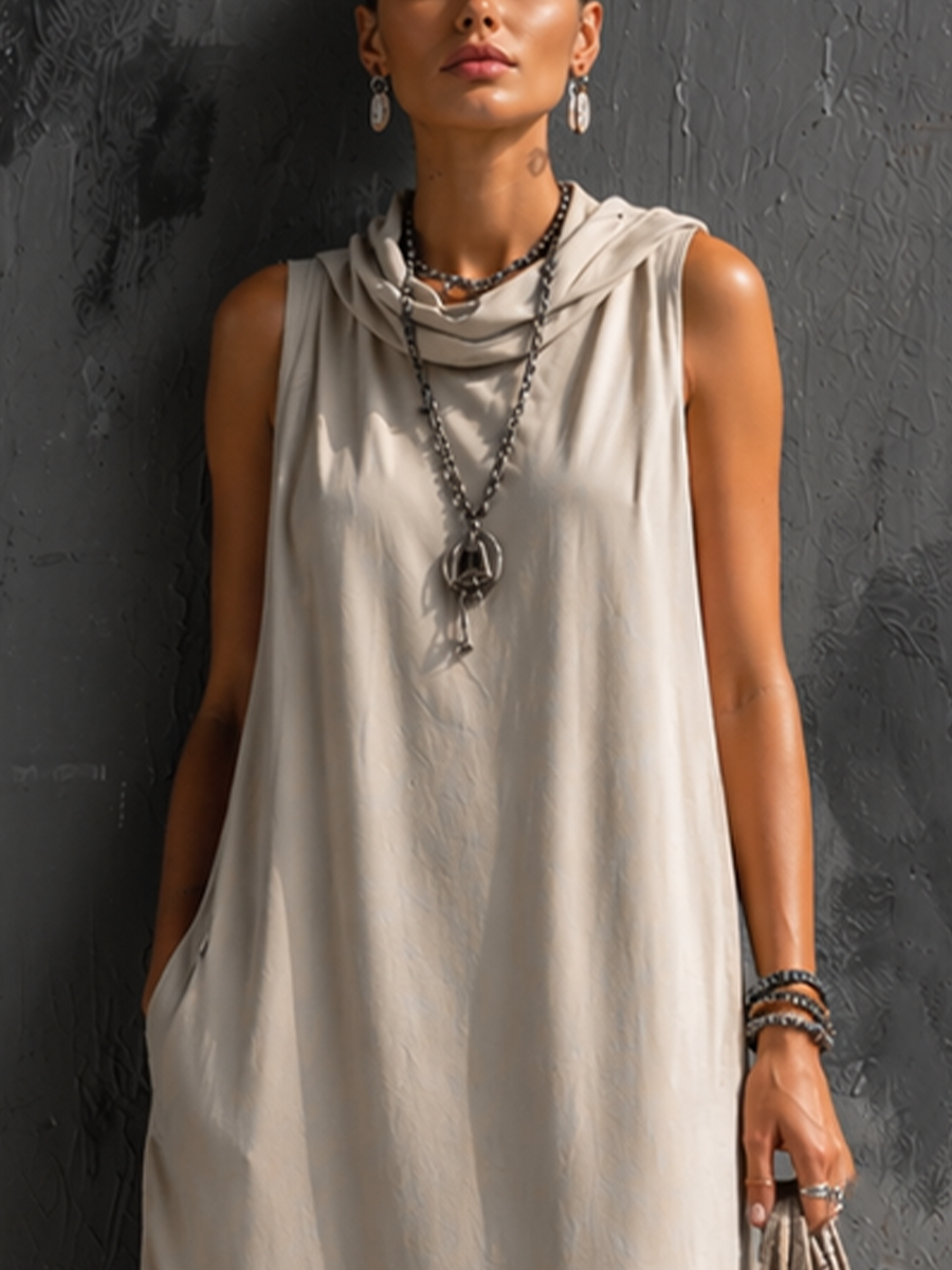 Women's Casual Light Beige Cotton Blend Sleeveless Long Dress With Detachable Zipper
