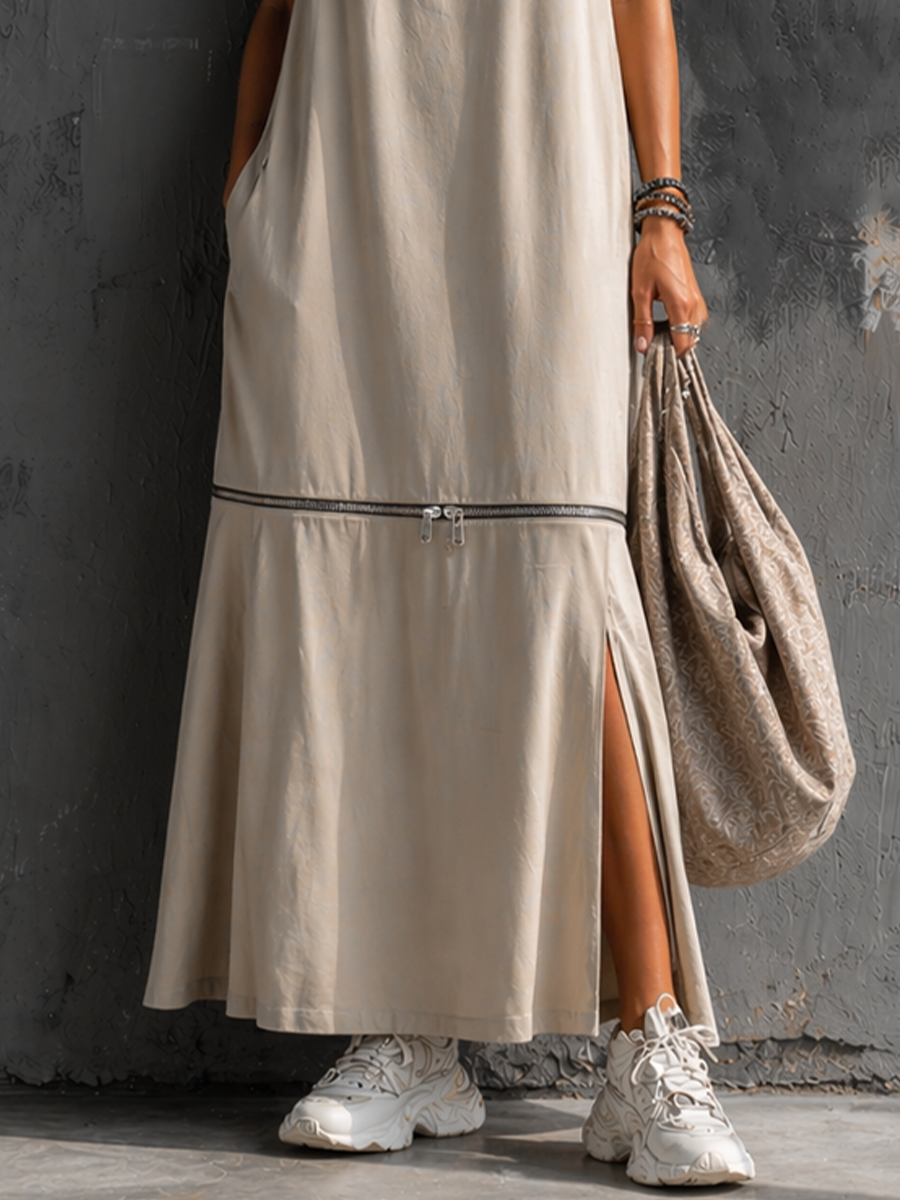Women's Casual Light Beige Cotton Blend Sleeveless Long Dress With Detachable Zipper