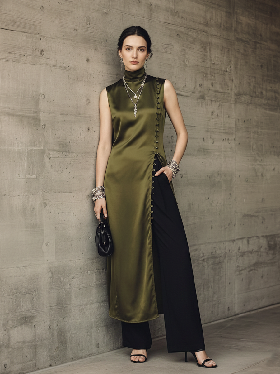 Women's Light Luxury Style Olive Green Satin High-neck Side-slit Button Long Top And Cotton Blend Wide-leg Pants Set