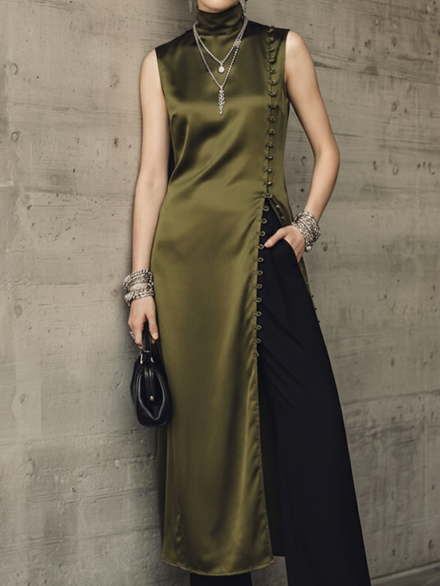 Women's Light Luxury Style Olive Green Satin High-neck Side-slit Button Long Top And Cotton Blend Wide-leg Pants Set