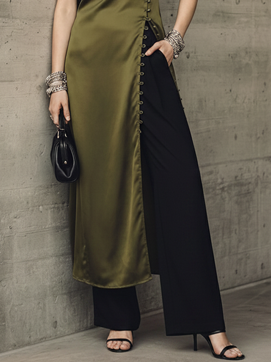Women's Light Luxury Style Olive Green Satin High-neck Side-slit Button Long Top And Cotton Blend Wide-leg Pants Set