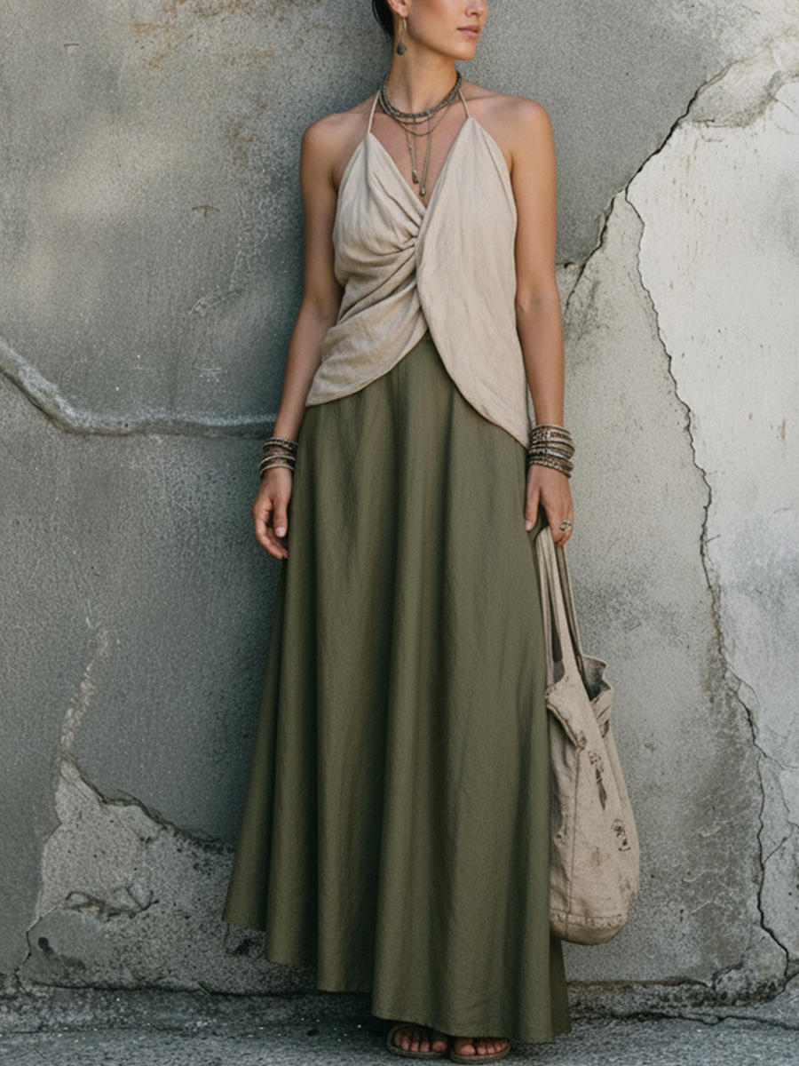 Women's Relaxed-Fit Off-White Cotton-Linen Halter Top And Olive Green Cotton-Linen Midi Skirt Set