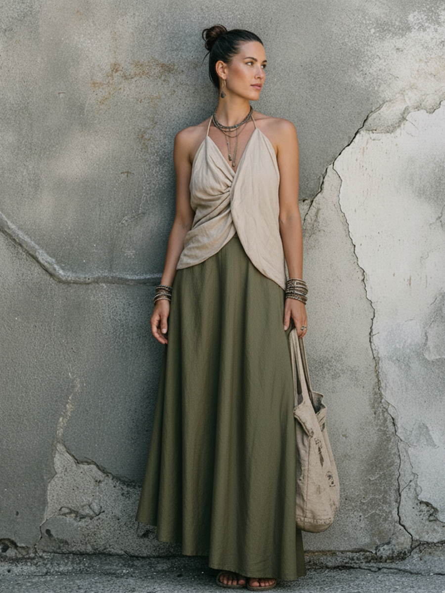 Women's Relaxed-Fit Off-White Cotton-Linen Halter Top And Olive Green Cotton-Linen Midi Skirt Set