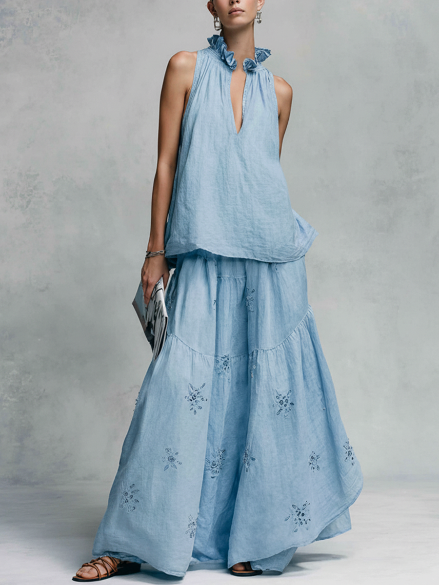 Women's Vacation Light Blue Linen-Cotton Embroidered Ruffle Collar Sleeveless Maxi Dress