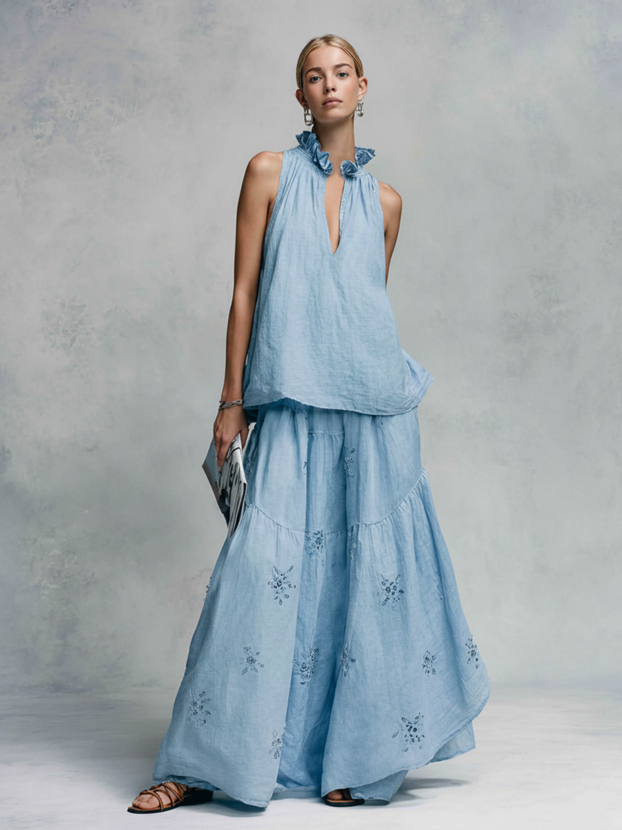 Women's Vacation Light Blue Linen-Cotton Embroidered Ruffle Collar Sleeveless Maxi Dress