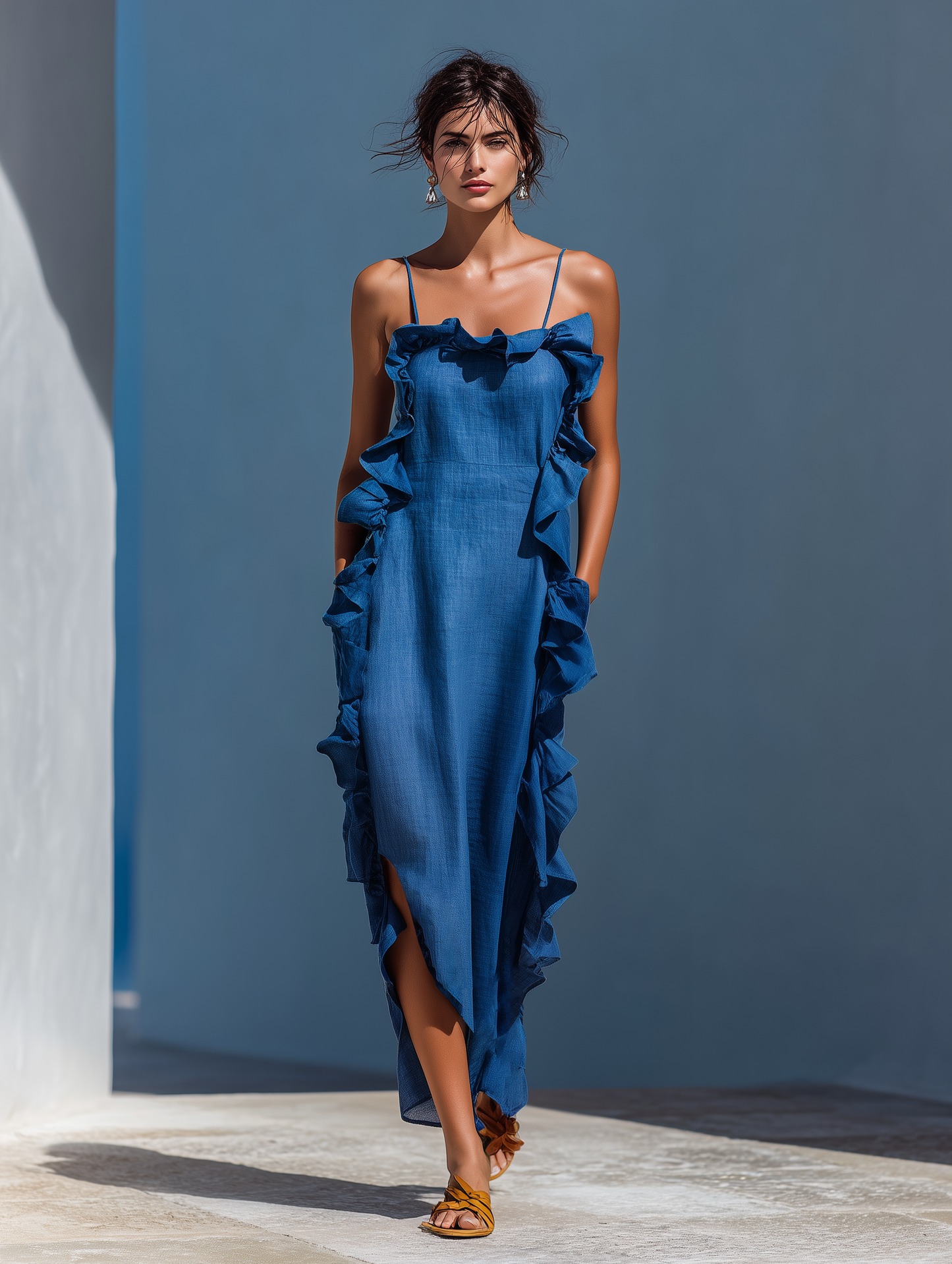 Women’s Blue Linen-Blend Spaghetti Strap Ruffle Trim Maxi Dress With Slit